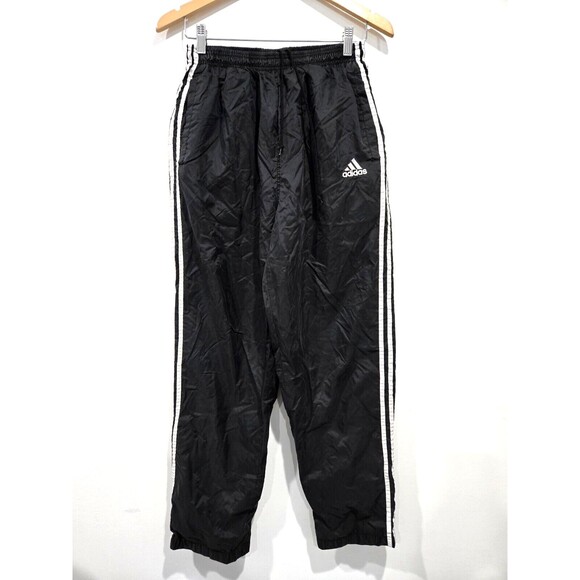 Vintage Adidas Track Pants Black Nylon Shell Windbreaker 3 Stripe 90s Y2K Med - Picture 1 of 7